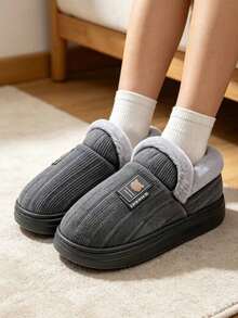 Men's Warm Padded Closed-Back Slippers For Home, Autumn/Winter - Grey - View 2