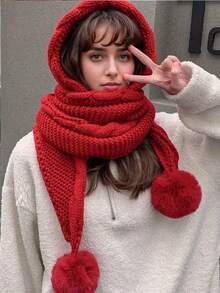 1pc 3-Ball Pom Pom Knitted Hat With Scarf, Autumn/Winter Multi-Purpose Cute Pom Pom Earflap Thick Warm Knit Hat - A - View 3