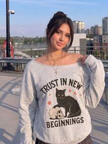 Women's Halloween Heather Gray Off‑The‑Shoulder Oversized SweatshirtBlack Cat &Skull Print Casual Long‑Sleeve Pullover For Fall Back‑To‑School Outfits - Grey - View 5