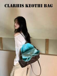 Relaxed Style Large Capacity Tote Bag With Adjustable Buckle Handle, Matching Small Hanging Pouch, Multi-Compartment Interior Storage, Soft Casual Body, Suitable For Commute, School And Travel, Elegant Women's Bag For Lazy Minimalist Daily Outfit - Coffee Brown - View 5