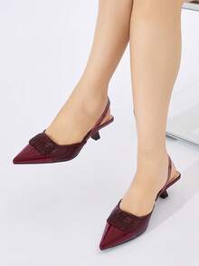 Women's Rhinestone Square Buckle Back Strap Pointed Toe Kitten Heel Low Heel Glamorous Style Burgundy Mirror Patchwork Low Vamp Pumps Suitable For Party Date Daily Wear Spring Summer Autumn Winter High Heel Shoes - Burgundy - View 2