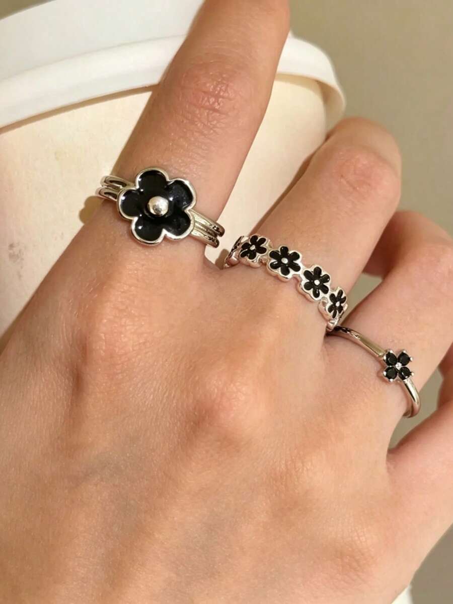 1組3件時尚優雅黑色花朵開口戒指女款,小眾極簡百搭五瓣花戒指套組,日常佩戴戒指組,節日禮物 - 黑色花朵戒指 - 查看 1