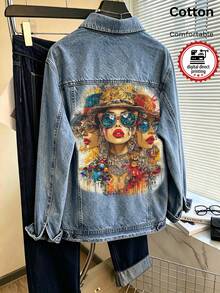 Women's Denim Jacket, Vintage Fashion Lady Print, White Ink Direct-To-Garment Printing, Vintage Washed Loose Fit - Light Denim Blue - View 4