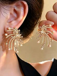 1 Pair Gold French Exquisite Luxury High-End Design Versatile Fireworks Star Faux Pearl Earrings Studs Suitable For Women Daily Holiday Commute Wear - Gold - View 1