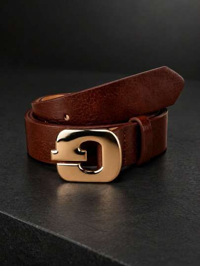Women's Brown Leather Belt Gold Geometric Buckle Wide Waist Belt Vintage Fall Style For Dresses Jeans Plus Size Cinch Belt