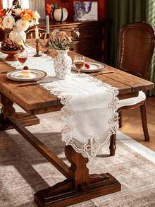 HXARTMIS 1PC Vintage Coffee/Green Hollow Embroidery Trim Table Runner, Embroidered Lace Faux Linen Texture Table Runner, Suitable For Wedding, Party And Home Decor - Brown - View 2