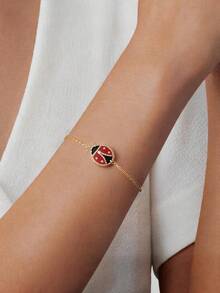 1pc 18K Gold Plated Enamel Ladybug & Bee Pendant Bracelet, Cute Insect Chain Bracelet, Daily Birthday Holiday Gift For Women And Girls - Multicolor - View 5
