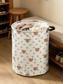 Cute Bear Pattern Foldable Laundry Basket, Large Capacity Round Fabric Dirty Clothes Storage Bin With Handle, Home Storage Basket, Laundry Bag, Suitable For Bedroom, Dorm, Bathroom, Home Essential, Perfect For Storage, Gift, Housewarming Gift - Multicolor - View 4