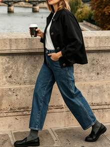 Short Lapel Utility Jacket, Button Back, Loose Fit Autumn/Winter Outerwear, Suitable For Casual Outdoor Wear - Black - View 7