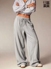 mulinsen Women's Minimalist Solid Color Wide Leg Sweatpants, Vertical Stitch Drawstring Waist Loose Casual Sports Long Pants - Grey - View 1
