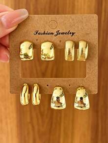 1/4 Pasang Anting-Anting Wanita Emas Elegan Halus Lebar & Sempit Kecil Bentuk C-Hoop, C-Hoop Bergaris, C-Hoop Pola Geometris, Set Anting Tusuk, Cocok untuk Pemakaian Sehari-hari, Liburan, Kencan, Hadiah Terbaik untuk Wanita - Emas - View 5