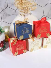 10pcs Merry Christmas Cube Gift Boxes With Satin Ribbon Bows, Gold Foil Lettering And Botanical Leaf Print, Red Blue Or Ivory Mini Packaging For Jewelry, Small Presents, Xmas Party Favors, Stocking Fillers And Holiday Gift Exchange - View 6