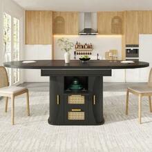 Extendable Dining Table With Storage, 118–158 Cm Table With Rattan Drawers, MDF Wood Effect, Black/Natural Wood/Brown - Black - View 3