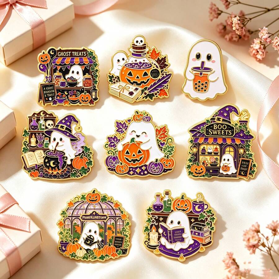 Cute Ghost Halloween Enamel Pins Set, Pumpkin Witch House Brooches, Spooky Fun Lapel Pins For Backpacks Jackets Hats Decor, Halloween Gift For Friends