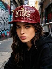 1pc Unisex KING Crown Metal Decor PU Leather Flat Brim Baseball Cap, Large Head Circumference, Street Style Party Baseball Cap, Hip Hop Hat, Halloween Costume Decor Hat, Trucker Hat - A - View 1