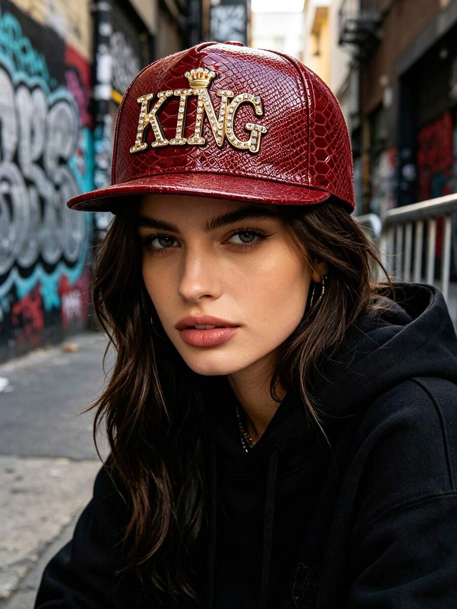 1pc Unisex KING Crown Metal Decor PU Leather Flat Brim Baseball Cap, Large Head Circumference, Street Style Party Baseball Cap, Hip Hop Hat, Halloween Costume Decor Hat, Trucker Hat - A - View 1