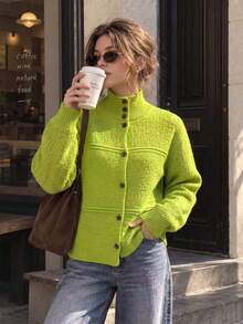Women's Green Knitted Cardigan With Button Front Long Sleeves, Medium Stretch Regular Fit Basic Top - Green - View 2