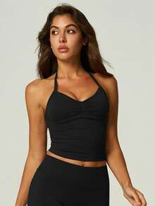 UONNOU 3pcs Women's Sports Shaping Tank Tops, Halter Neck Ruched Design, Removable Pads, Off Shoulder & Open Back, Fitness Workout - Multicolor - View 2