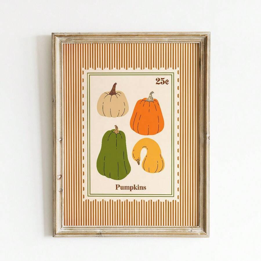 1pc Frameless Pumpkin Stamp Cozy Fall Kitchen Wall Art Canvas Vintage Quirky Poster For Bedroom Dorm Back To School Gift - Frameless - View 1