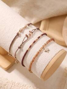 4pcs Vintage Bohemian Style Resin Woven Seed Bead Gold Star Pendant & Small Bell Decor Layered Bracelet Set, Suitable For Women Daily Wear, Autumn, Cafe, Travel, Photography, Gift - Brown - View 4