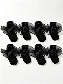 1/3 Pairs Toddler Baby Girls Solid Black Tulle Ruffle Socks, Princess Layered Mesh Frilly Dress Socks, Baby Girl Essential, Halloween,Fall Style - Multicolor - View 4