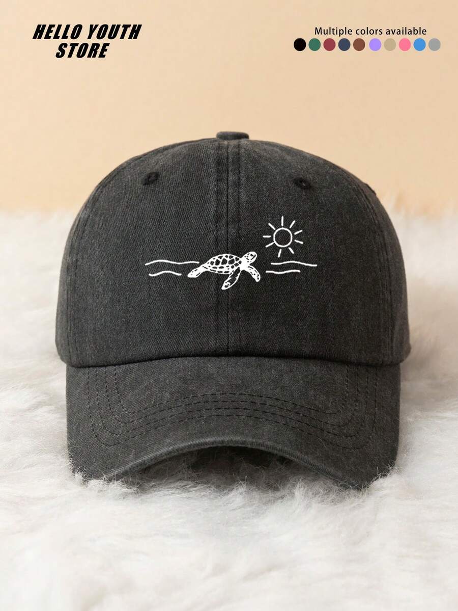 1pc Turtle Sunbathing Pattern Printed Unisex Baseball Cap, Soft Comfortable Vintage Washed Hat, Adjustable Sweat-Absorbing Sun Protection Hat, Casual Dad Hat Suitable For Daily Outfits, Vacation, Beach Outdoor Sports And Other Occasions, Great Gift For Yourself And Family Friends