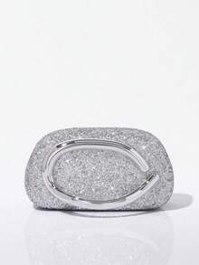 Women Shiny Evening Clutch,Hard Shell Handbag With C-Shaped Handle,Fashionable Portable Formal Style,For Weddings,Balls, Cocktail Parties, Nightclubs - Silver - View 3