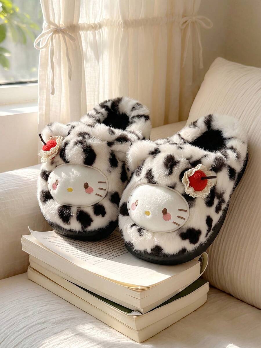 Sandal Rumah Wanita Hello Kitty Motif Kartun Kucing, Sandal Lembut Motif Leopard Acak, Sandal Selop Nyaman dan Datar untuk Kamar Tidur - Putih dan hitam - View 1