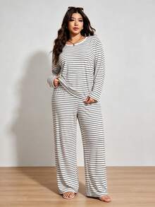 Plus Size Women's Casual Long Sleeve Top And Pants Pajama Set, 2-Piece Set, Suitable For Autumn/Winter Home Wear - White - View 3