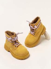 Girls' Fashion Children's Lace-Up Side Zipper Boots, Comfortable Flat Ankle Boots For Daily Wear In Autumn/Winter - Yellow - View 5
