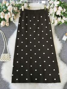 Women's Autumn/Winter Korean Y2K Polka Dot Knit Sweater Bodycon Skirt In Coffee Brown, Suitable For Casual Holiday Outings And Shopping - Brown With White Polka Dots - View 8