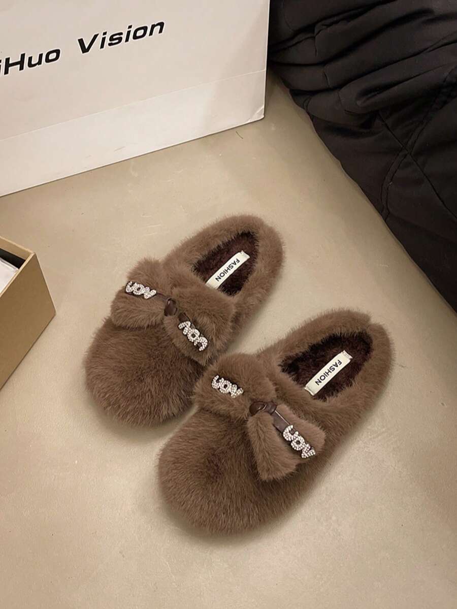 Autumn/Winter Atmosphere Rhinestone Bow Decor Faux Mink Fur Flat Low Vamp Soft Style Women's Home Slippers - Brown - View 1