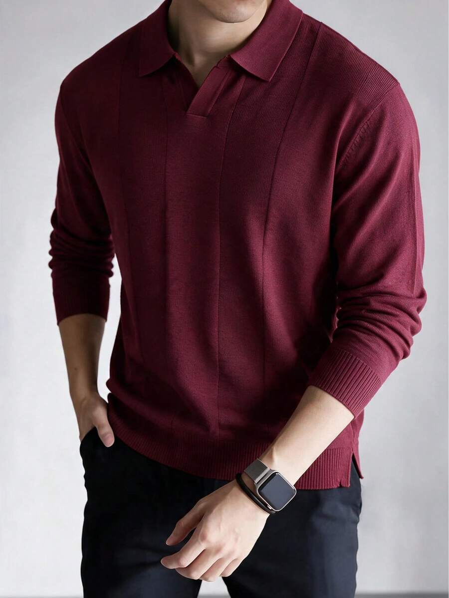 Men's Polo Collar Knit Sweater, Old Money Style, Light Business Casual, Vertical Texture, Early Autumn Commute Pullover Top - Burgundy - View 1