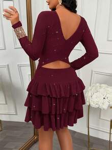 AIJ Gaun Pendek Wanita Musim Gugur yang Modis Warna Burgundy, Rok Lengan Panjang Rajut Bergaris dengan Hem Pas Badan, Hem Berlapis, Cocok untuk Kencan dan Acara - Burgundy - View 2