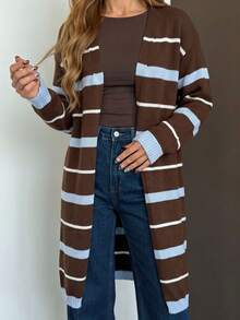 Women's Autumn/Winter Casual Y2K Outing Top Brown V-Neck Multi-Color Striped Long Knit Cardigan - Multicolor - View 9
