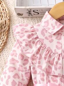 4-7 Years Old Girls Pink Leopard Print Long Sleeve Shirt Dress With Belt, Ruffle Decor Mesh Ballet Tutu Princess Dress - Pink - View 4