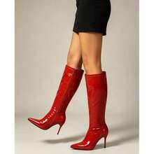 Women's Side Zipper Easy On/Off High Shaft Long Boots, Pointed Toe Stiletto Heel Glossy Slimming Versatile Textured Sexy Fashion Boots - Red - View 3