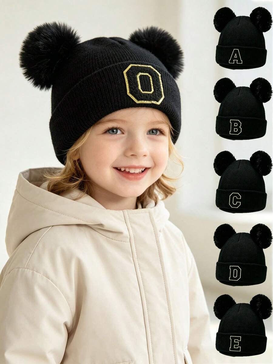 1pc Black Fashionable 26 Letter Patch Random Versatile Street Style Beanie Hat Unisex Warm & Cold-Proof Knitted Cap - A - View 1