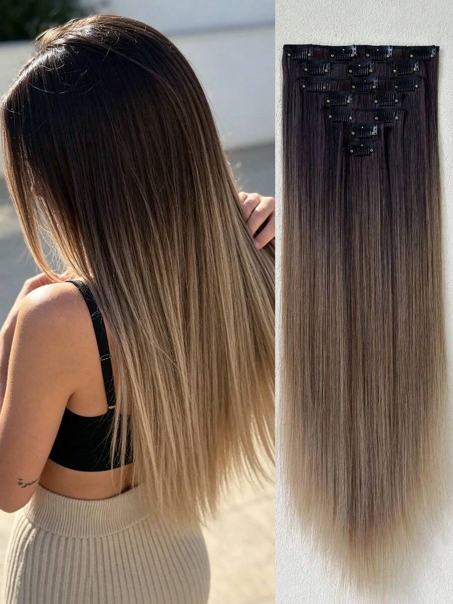 7pcs Ombre 22 Inch Long Straight Clip-In Hair Extensions For Women, Synthetic Hair Pieces, Halloween