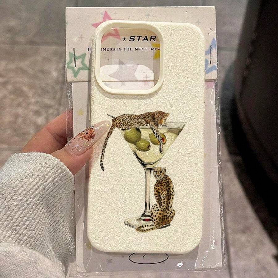 1pc TPU Leopard Cocktail Glass Funny Pattern Phone Case Suitable For IPhone 17 Pro Max/17/16 Pro Max/15/13/12/11/ S20 FE/A15/S24/A55/ Note 11/Note 12/Note 13 Pro Full Coverage Anti-Drop Soft Shell Phone Protective Cover - White - View 1
