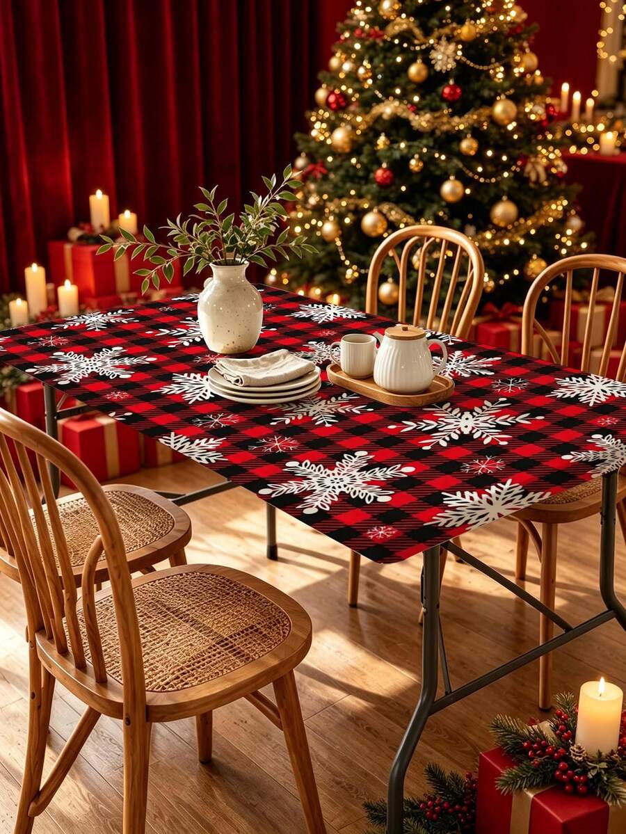 1pc Christmas Element Elastic Band Elastic Edge, Rectangular Design, Anti-Slip Elastic, Waterproof Oil-Proof Scratch-Resistant, Suitable For Dining Table, Folding Table, Kitchen, Party, Picnic, Camping And Home Decor. - Multicolor - View 1