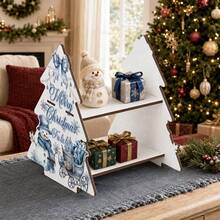 Christmas Tree Shaped Wooden Storage Rack, 2-Tier Display Shelf, Snowman And Sleigh Pattern, Decorative Storage Rack, Suitable For Decorations, Small Gifts And Desktop Christmas Decor, Storage Rack, Vertical Rack, Vertical - Multicolor - View 3