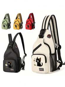 Multi Pockets Sling Backpack, A Fun Black Cat Pattern Design,Casual Nylon Crossbody Bag, Travel Hiking Daypack With Zipper Strap, Perfect Gift - Multicolor - View 1