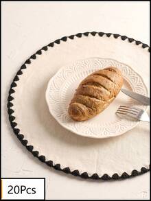 1/2/4/6/12pcs White Base Black Edge Placemats, Vintage Minimalist Style Fabric Material Round Black Serrated Lock Stitch Detail Stain-Resistant Tabletop Protection & Decorative Function Dining Table Mats Suitable For Daily Breakfast And Vintage Minimalist Home Decor Scenes - White - View 16