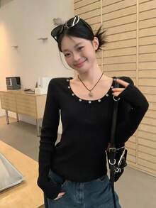 Rivet Decor Round Neck T-Shirt, Versatile Fitted Slim Fit Long Sleeve Top For Women Casual Black Autumn - Black - View 3