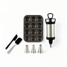 Stainless Steel Baking Set With 12-Cup Muffin Pan, Piston Icing Syringe, Interchangeable Nozzles And Spatulas, Complete Cake Decorating Kit - Multicolor - View 9
