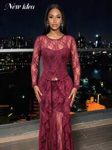 New Idea Women Long Dresses Burgundy Luxurious Lace Mermaid Gown, Long Sleeve Sheer Ruffled Hem Bodycon Dress For Cocktail Dinner - Burgundy - View 4