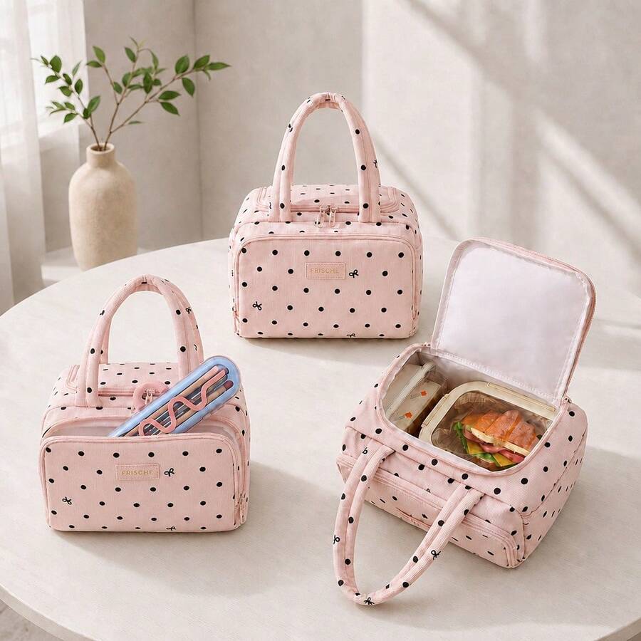 Corduroy Insulated Lunch Bag, Suitable For Food Containers, Waterproof Lining, Padded Handle, Can Carry Lunch Box, Suitable For Work And School Use - Corduroy Polka Dot Lunch Bag - View 1