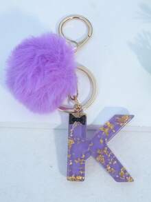 Minimalist Cute Initial Keychain A-Z Women's Bag Charm Black Bow Purple Pom Pom Key Chain Daily Wear Gift Accessory - Purple - View 7