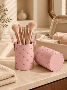 1PC Quilted PU Leather Makeup Brush Organizer With Rose Gold Rivets And Snap Strap, Detachable Cylindrical Storage Tube For Vanity, Bathroom Countertop, Travel Or Bag Organization, Beauty Storage, Christmas And Saudi National Day Gift, Daily Use - Pink - View 2